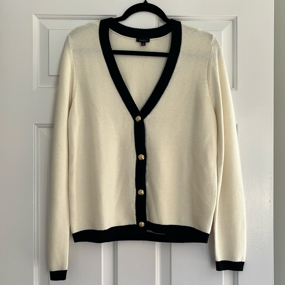 Talbots Cream and Black Cardigan Sweater with V-Neck